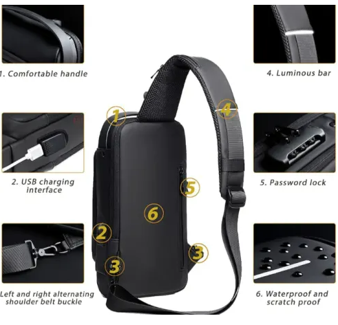 Anti-Theft Lock Sling Chest Bag - Black/Brown_1